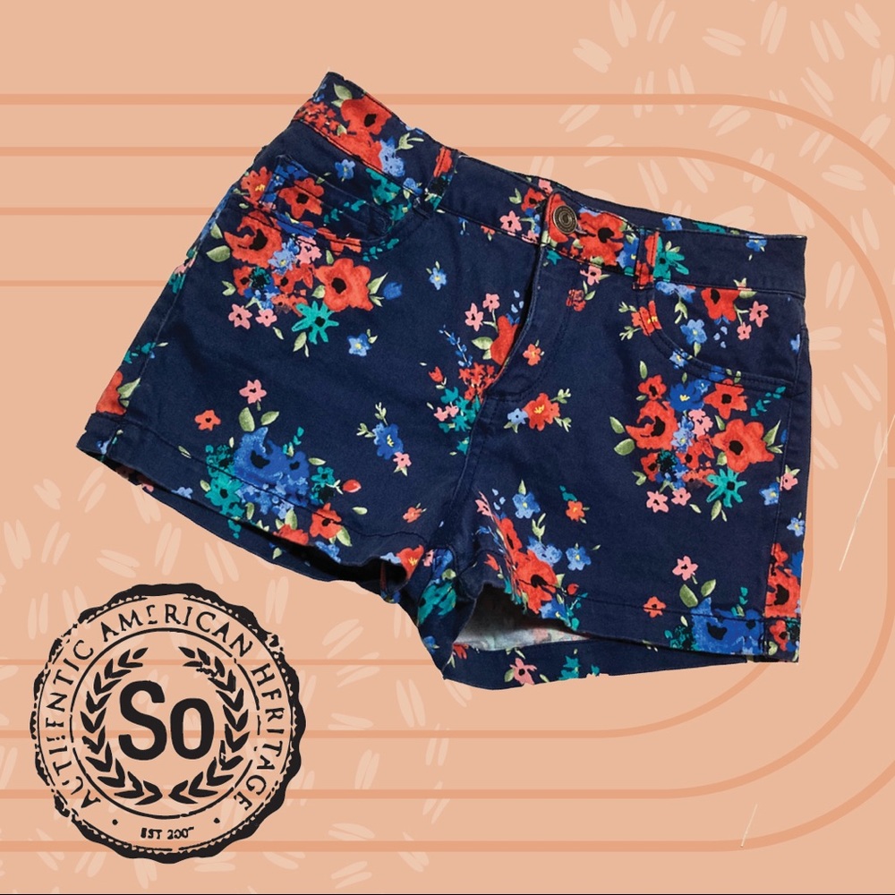 SO High Waist Chino Shorts Blue Navy Floral